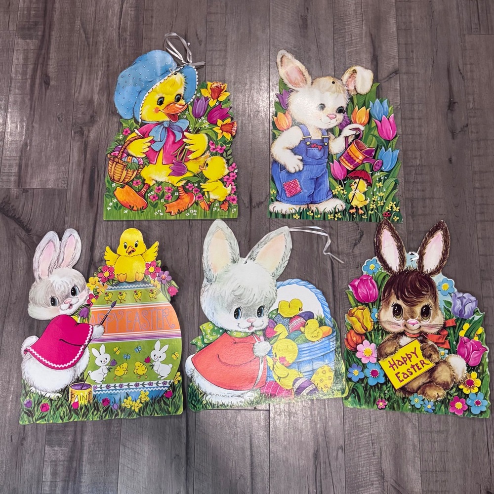 VTG Easter cut out cardboard decorations Bunny Basket Chick Made in USA Lot of 5